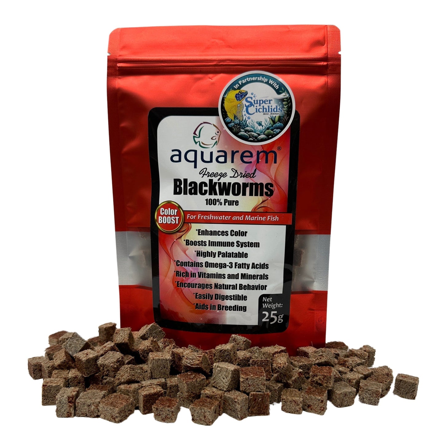 Super Cichlids Freeze-Dried Blackworms with Color Boost (All Natural, High Protein Fish Food) 25 Grams Fish Food Super Cichlids