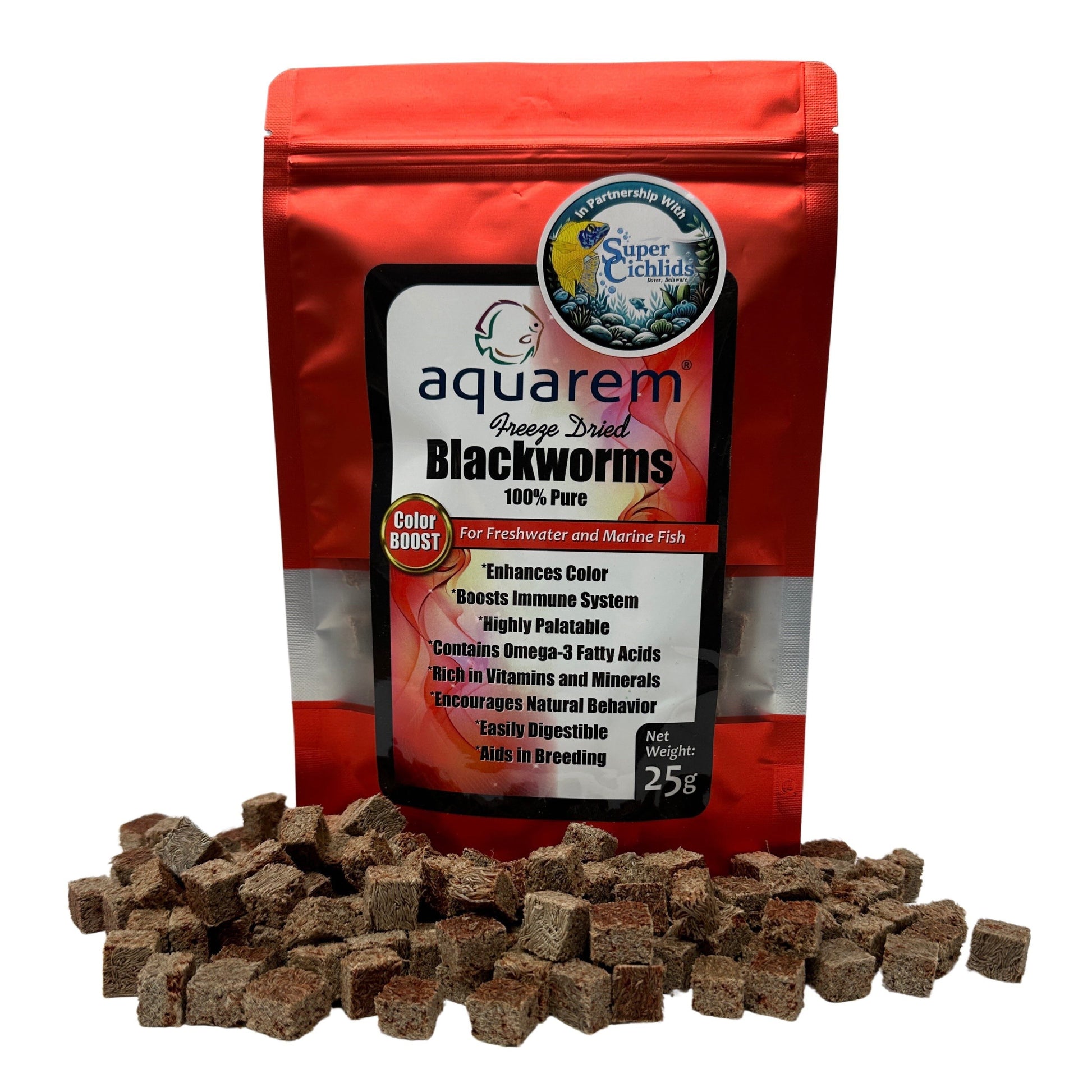 Super Cichlids Freeze-Dried Blackworms with Color Boost (All Natural, High Protein Fish Food) 25 Grams Fish Food Super Cichlids