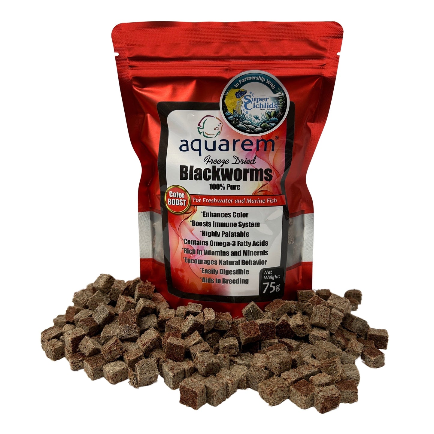 Super Cichlids Freeze-Dried Blackworms with Color Boost (All Natural, High Protein Fish Food) 75 Grams Fish Food Super Cichlids
