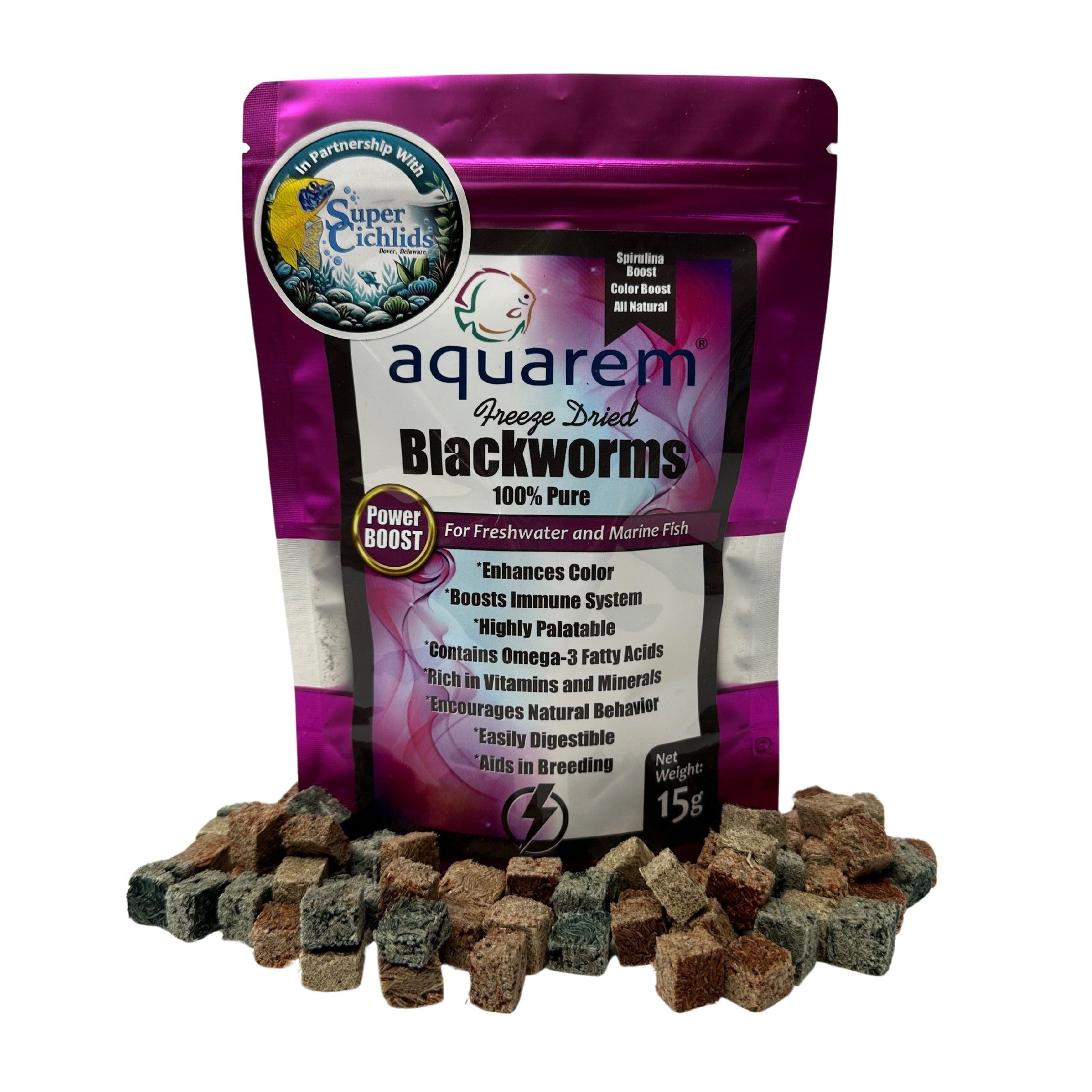 Freeze-Dried Blackworms Power Boost – Natural, Color Boost, Spirulina Cubes 15 Grams (Power Boost) Fish Food Super Cichlids