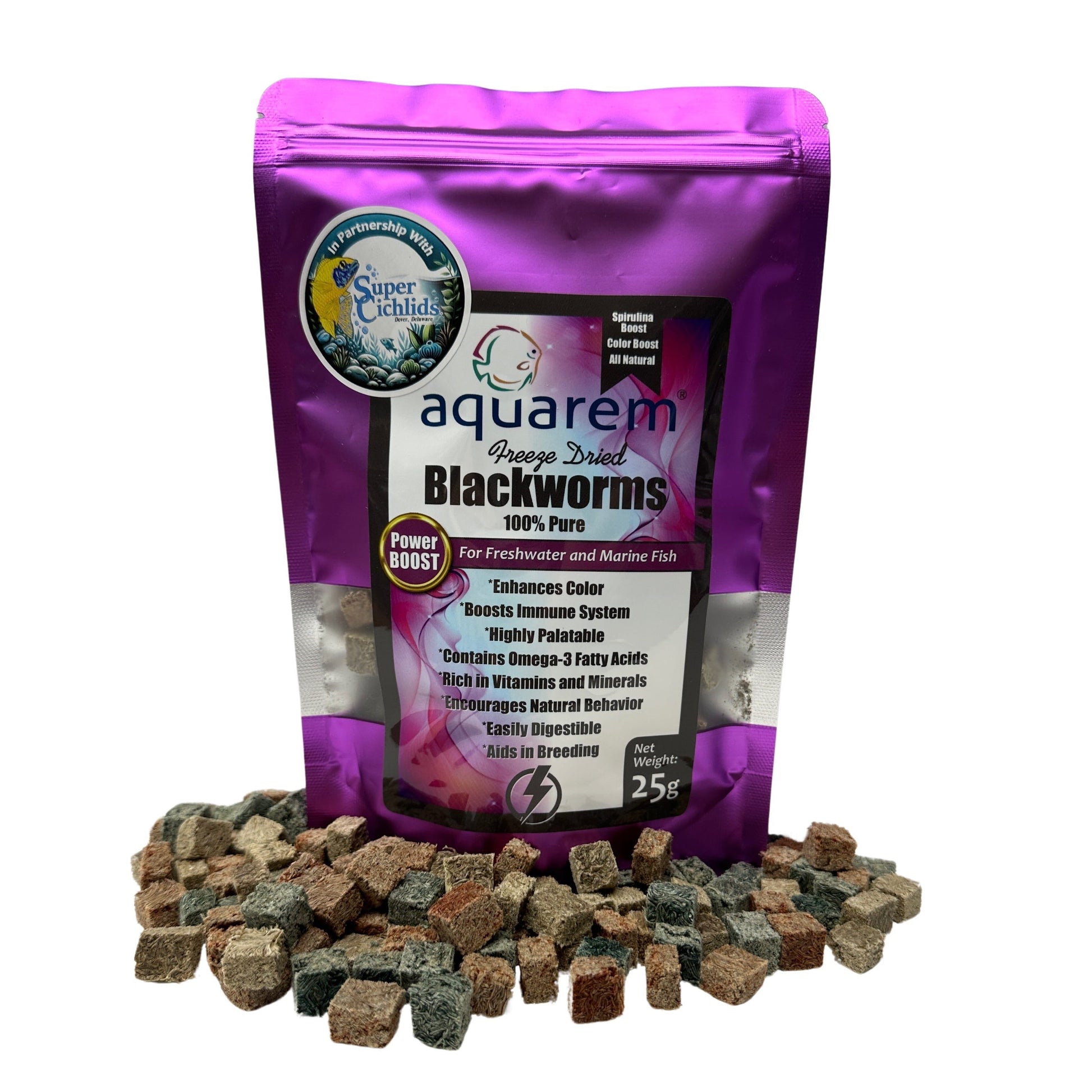 Freeze-Dried Blackworms Power Boost – Natural, Color Boost, Spirulina Cubes 25 Grams (Power Boost) Fish Food Super Cichlids