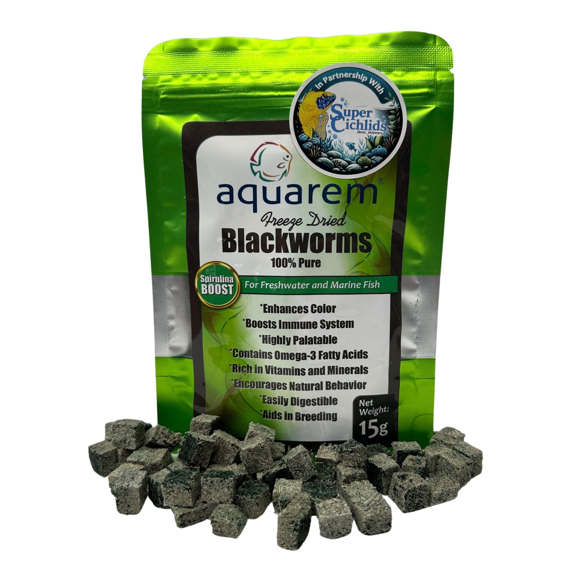 Super Cichlids Freeze-Dried Blackworms with Spirulina (All Natural, High Protein Fish Food) 15 Grams (Spirulina Boost) Fish Food Super Cichlids