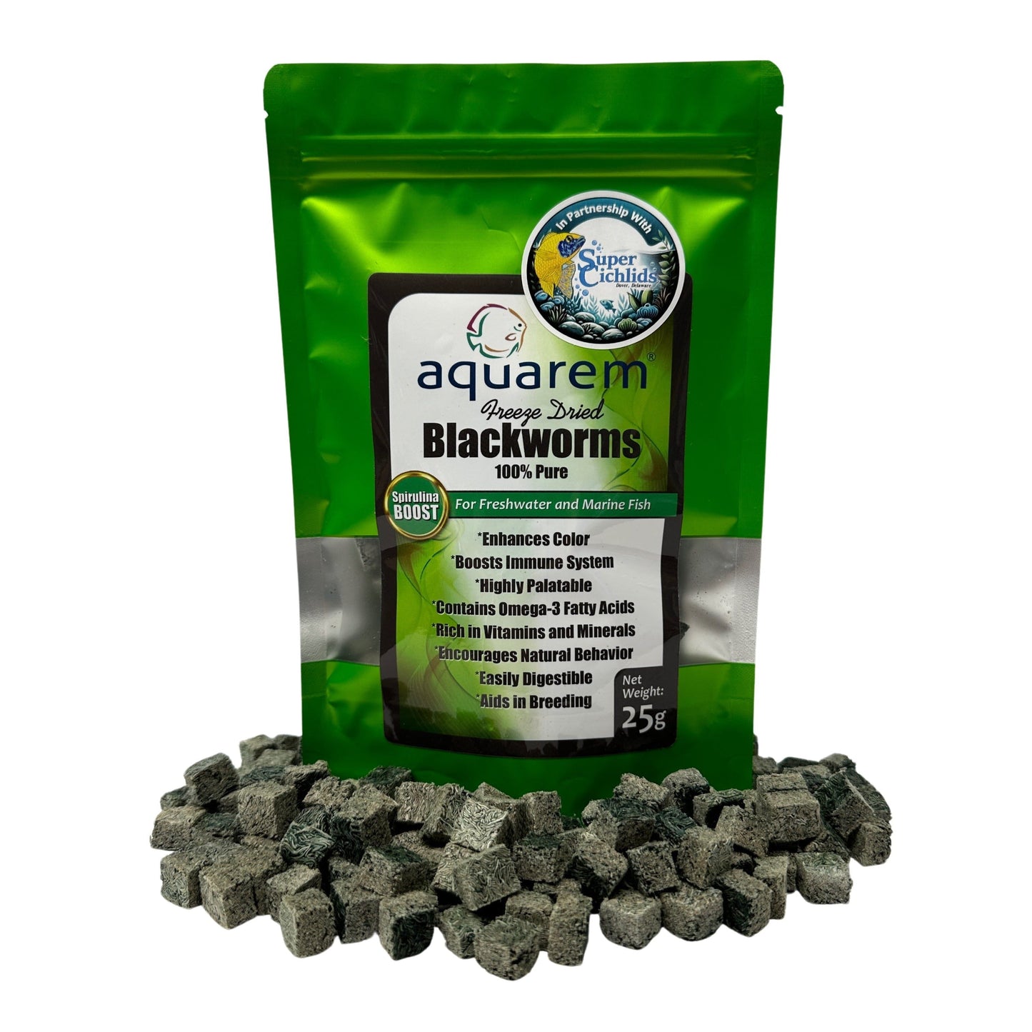 Super Cichlids Freeze-Dried Blackworms with Spirulina (All Natural, High Protein Fish Food) 25 Grams (Spirulina Boost) Fish Food Super Cichlids