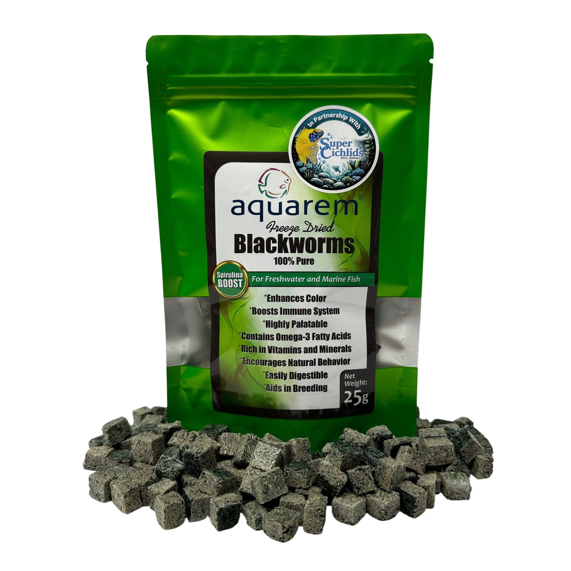 Super Cichlids Freeze-Dried Blackworms with Spirulina (All Natural, High Protein Fish Food) 25 Grams (Spirulina Boost) Fish Food Super Cichlids