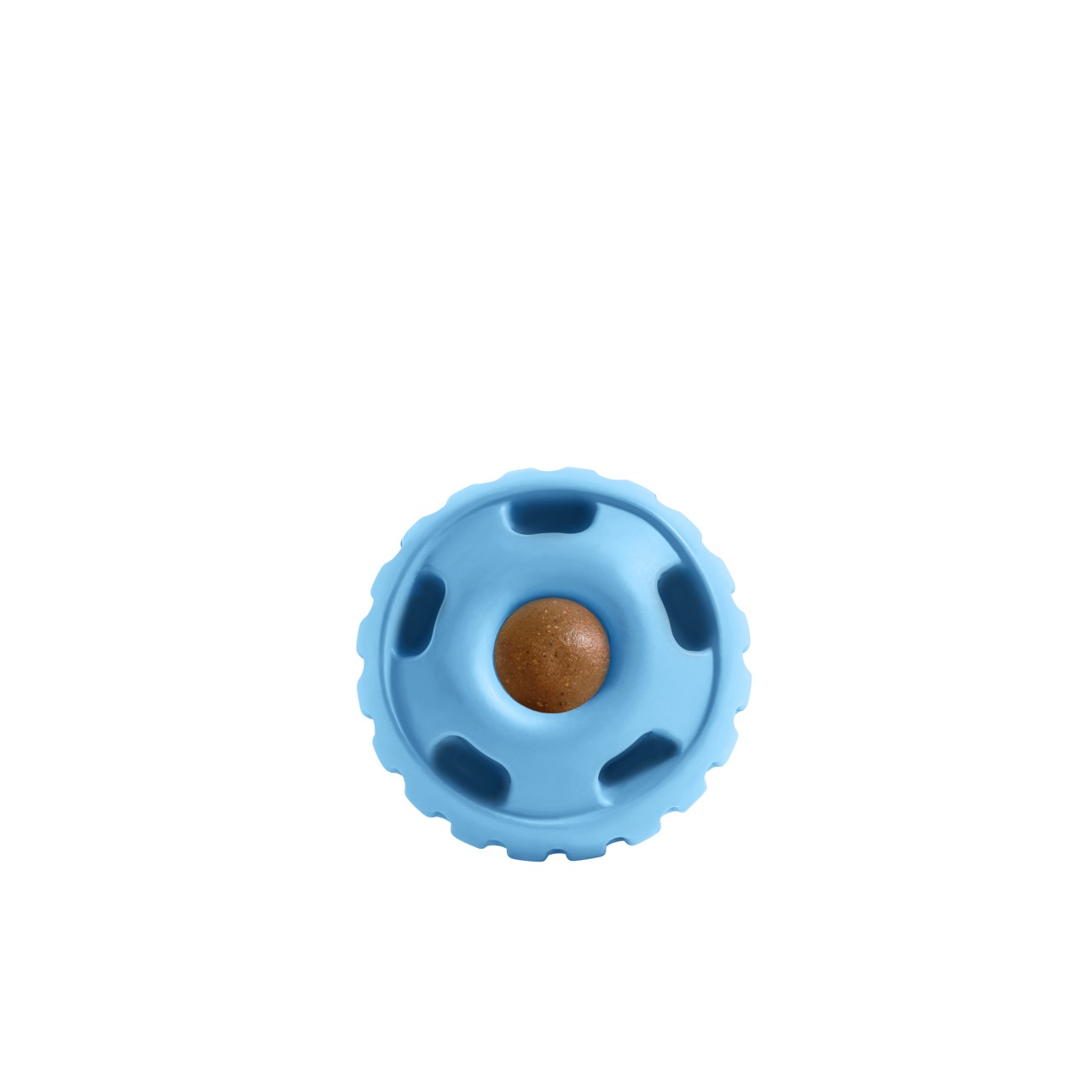 a light blue rubber ball with holes and a brown treat inside