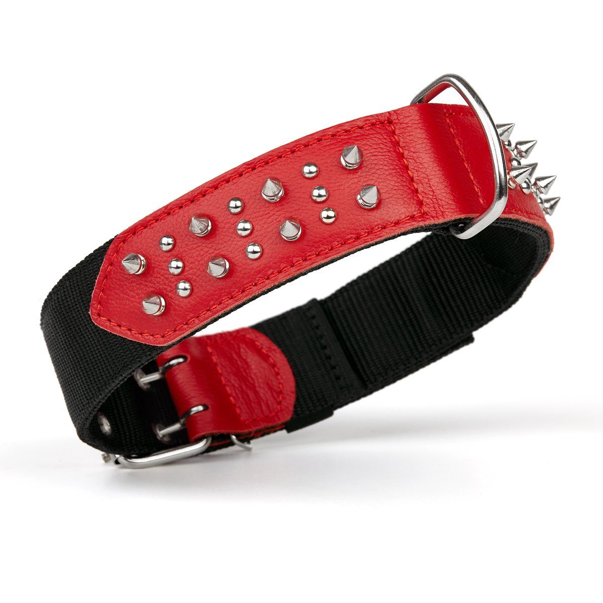 Leather + Nylon Spiked Dog Collar Red Dog Collar Dogline