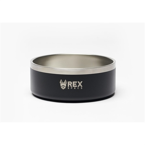 A black and silver pet bowl with “REX SPECS” logo on the front 