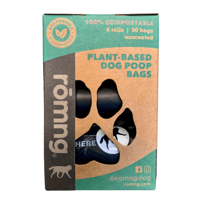 compostable plant-based dog poop bags + bamboo dispenser Compostable Dog Poop Bags rōmng
