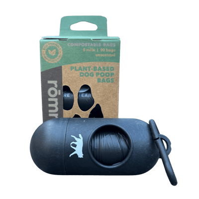compostable plant-based dog poop bags + bamboo dispenser Compostable Dog Poop Bags rōmng