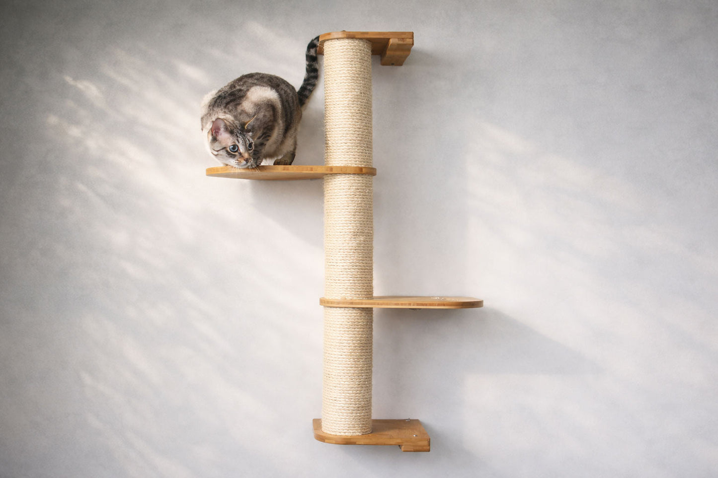 Wall Mounted Cat Climbing Pole - Sisal Natural Bamboo 3-Tier Leaf Shelf No Cork Pad Cat Scratcher Catastrophic Creations