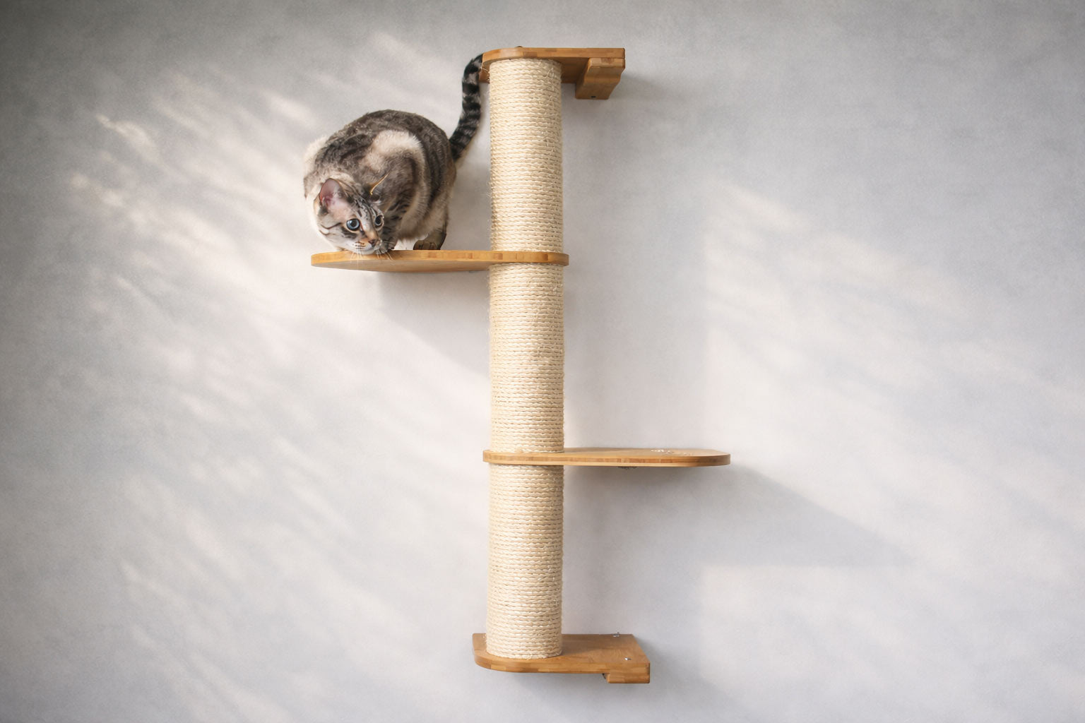 Wall Mounted Cat Climbing Pole - Sisal Natural Bamboo 3-Tier Leaf Shelf No Cork Pad Cat Scratcher Catastrophic Creations