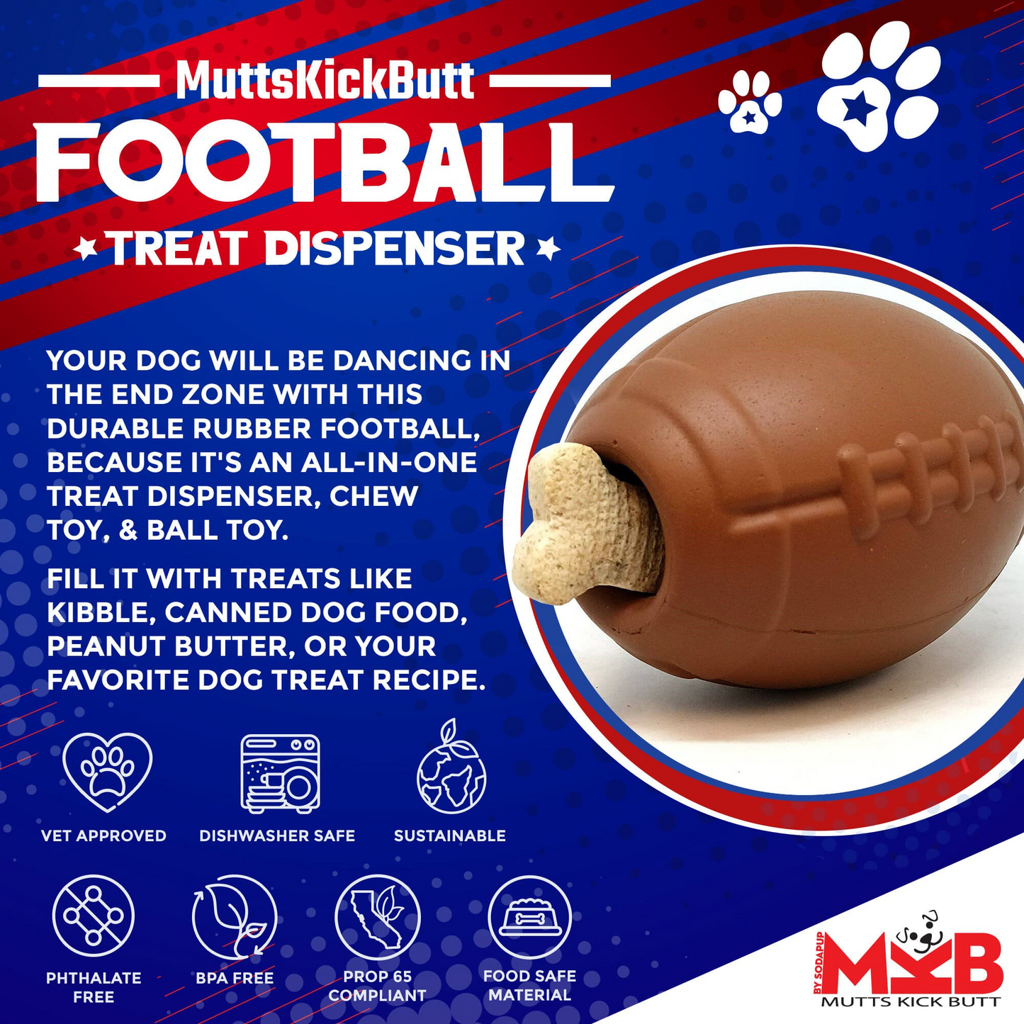Football Durable Rubber chew Toy and Treat Dispenser T&T