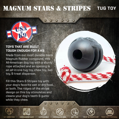 USA-K9 Magnum Black Stars and Stripes Ultra-Durable Rubber Chew Toy, Reward Toy, Tug Toy, and Retrieving Toy - Black
