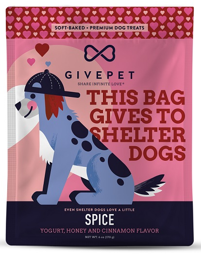 Package of GIVEPET dog treats promoting support for shelter dogs, with a stylized dog illustration.