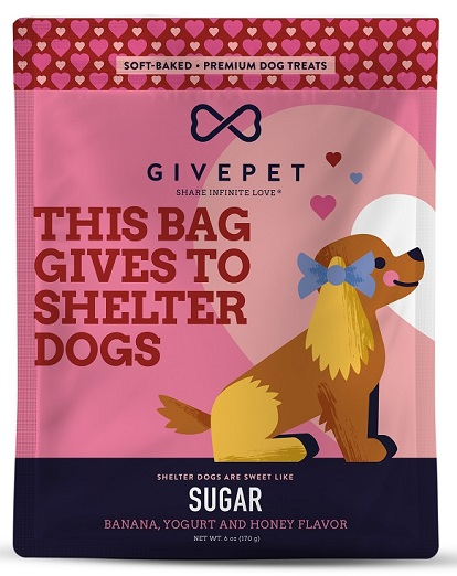 Package of GivePet dog treats supporting shelter dogs, in banana, yogurt, and honey flavor.