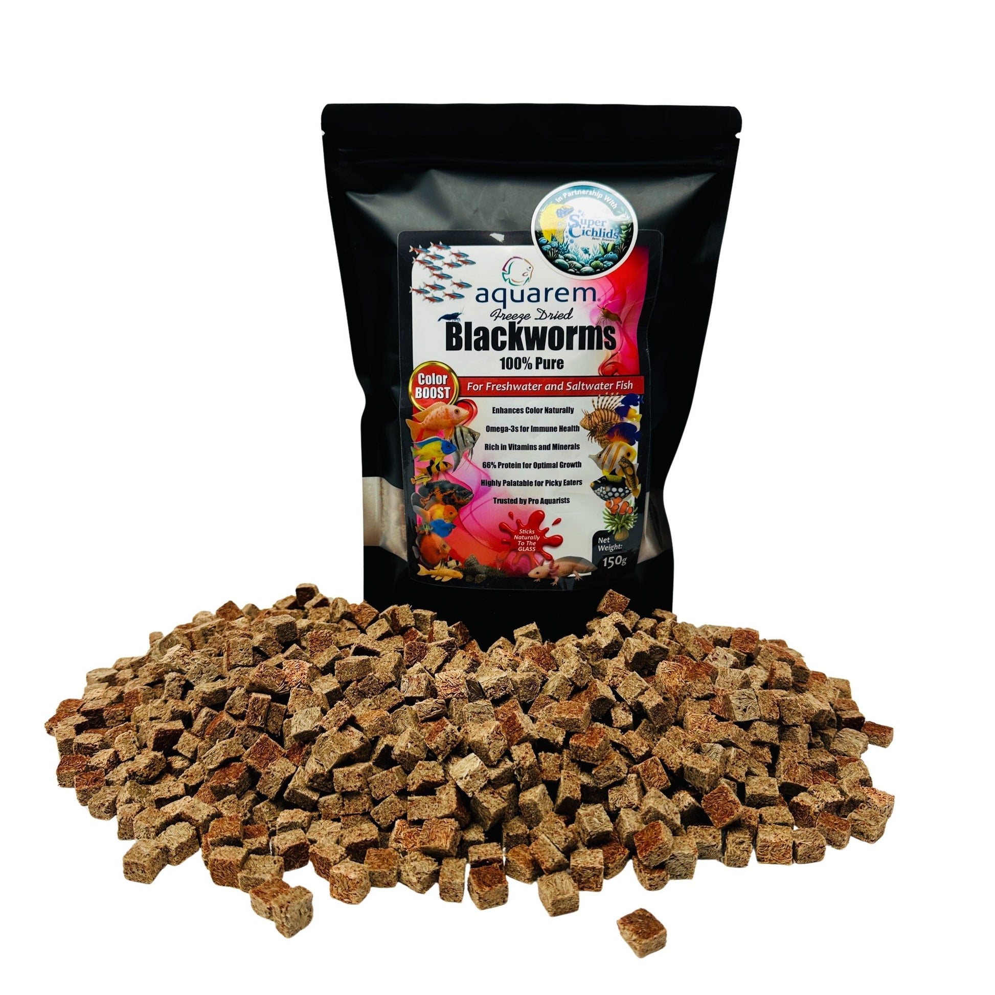 Super Cichlids Freeze-Dried Blackworms with Color Boost (All Natural, High Protein Fish Food) 150 Grams Fish Food Super Cichlids