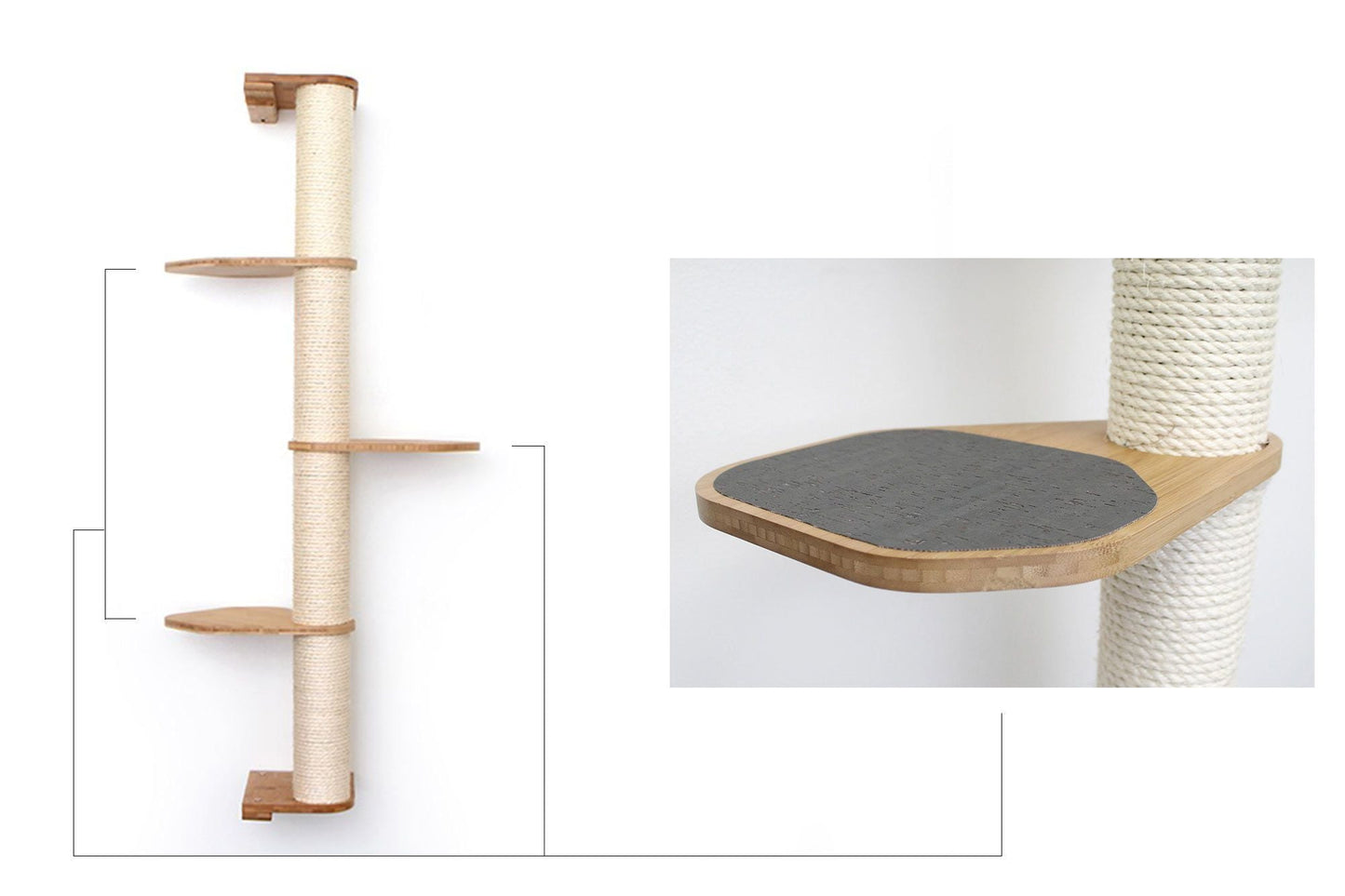 Wall Mounted Cat Climbing Pole - Sisal Natural Bamboo 4-Tier Leaf Shelf Charcoal Cork Pad Cat Scratcher Catastrophic Creations
