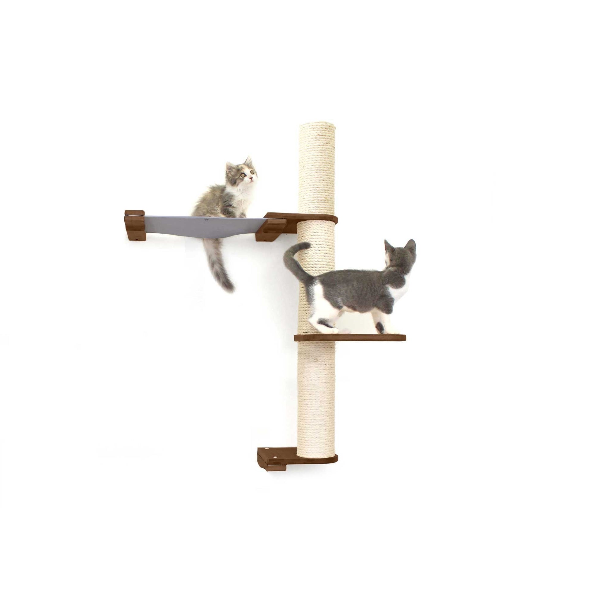 The Crow's Nest - A Wall Cat Scratcher with Hammock English Chestnut Bamboo Charcoal Gray Canvas 2-Tier 16" Cat Condo Catastrophic Creations