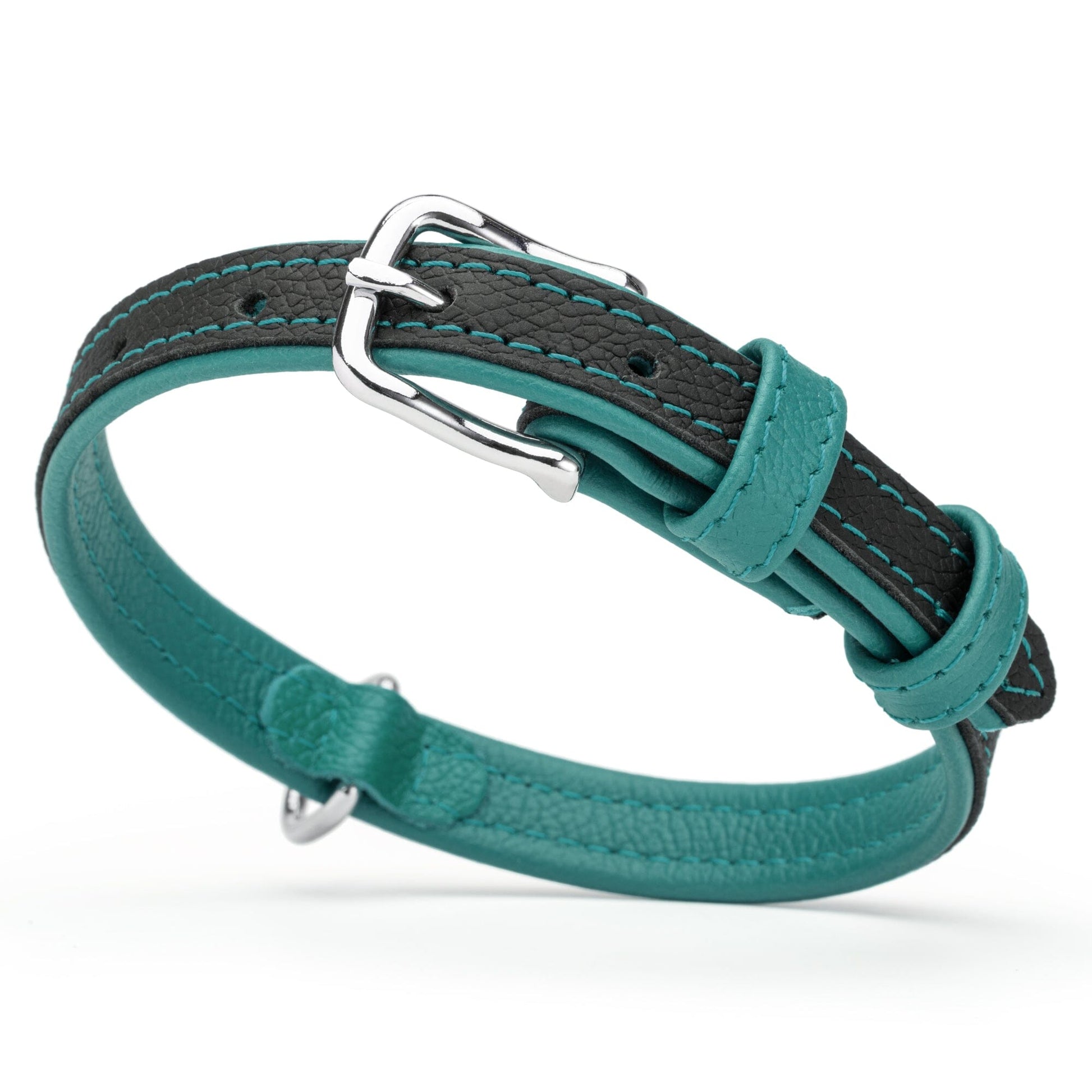 Soft Leather Dual-Color Flat Dog Collar Teal 5 8" Dog Collar Dogline