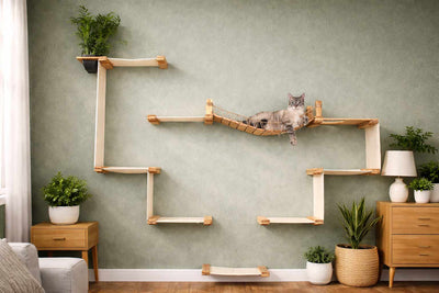 The Temple - Giant Cat Tree on Wall Natural Bamboo Natural Canvas Planters Cat Condo Catastrophic Creations