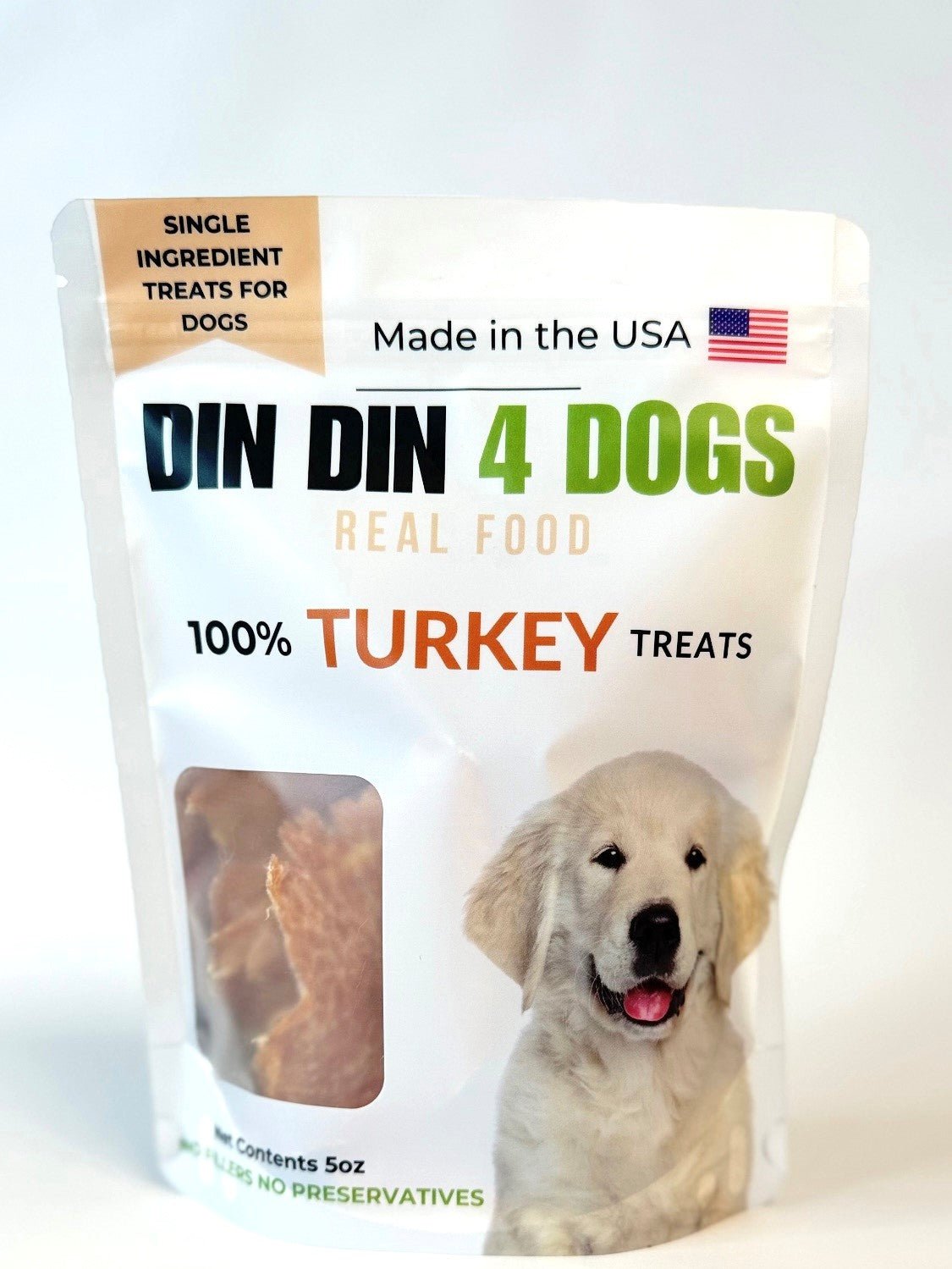 100% Turkey Dog Treats, 5 Ounce Bag, Single Ingredient, High Protein Treat Din Din 4 Dogs