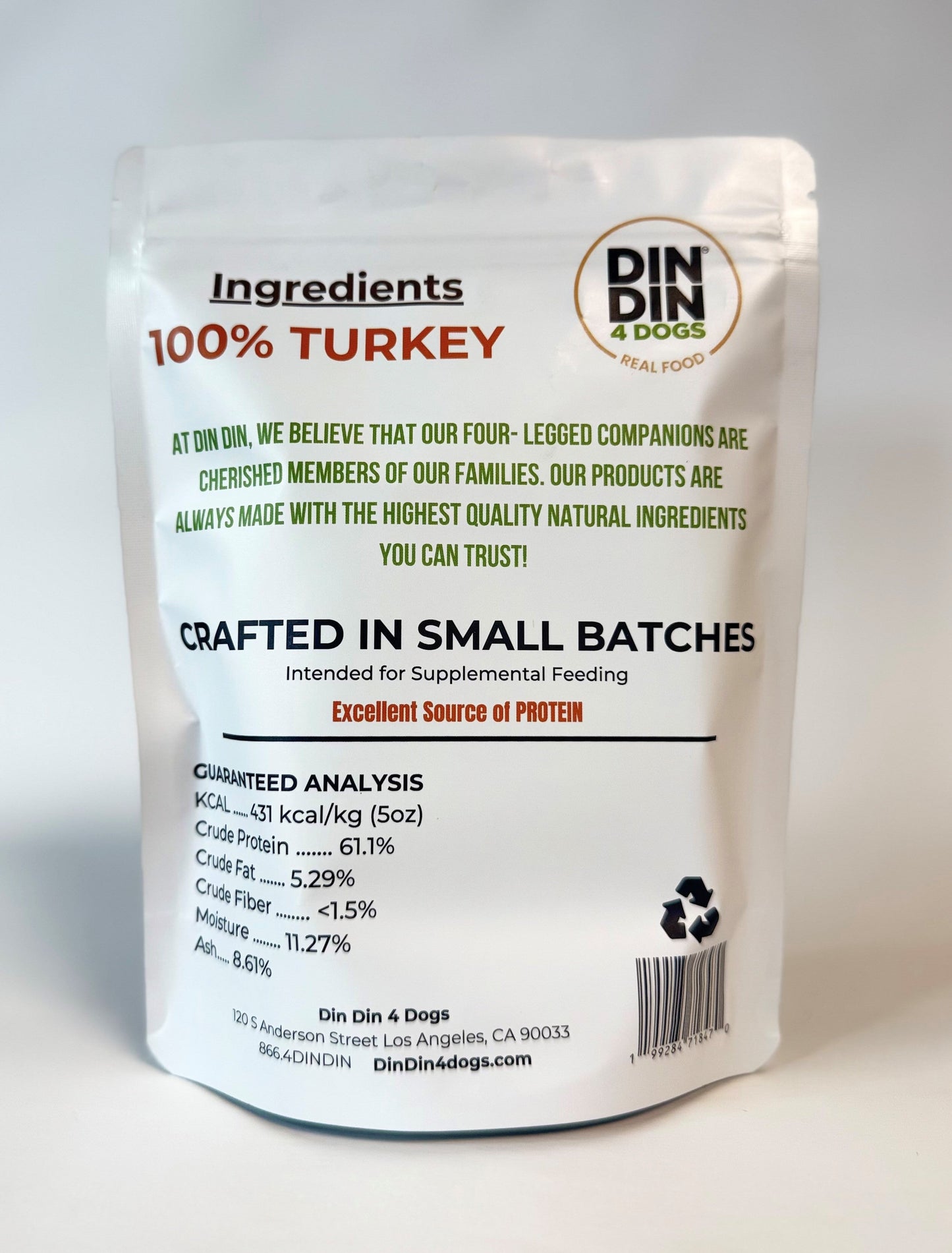 100% Turkey Dog Treats, 5 Ounce Bag, Single Ingredient, High Protein Treat Din Din 4 Dogs