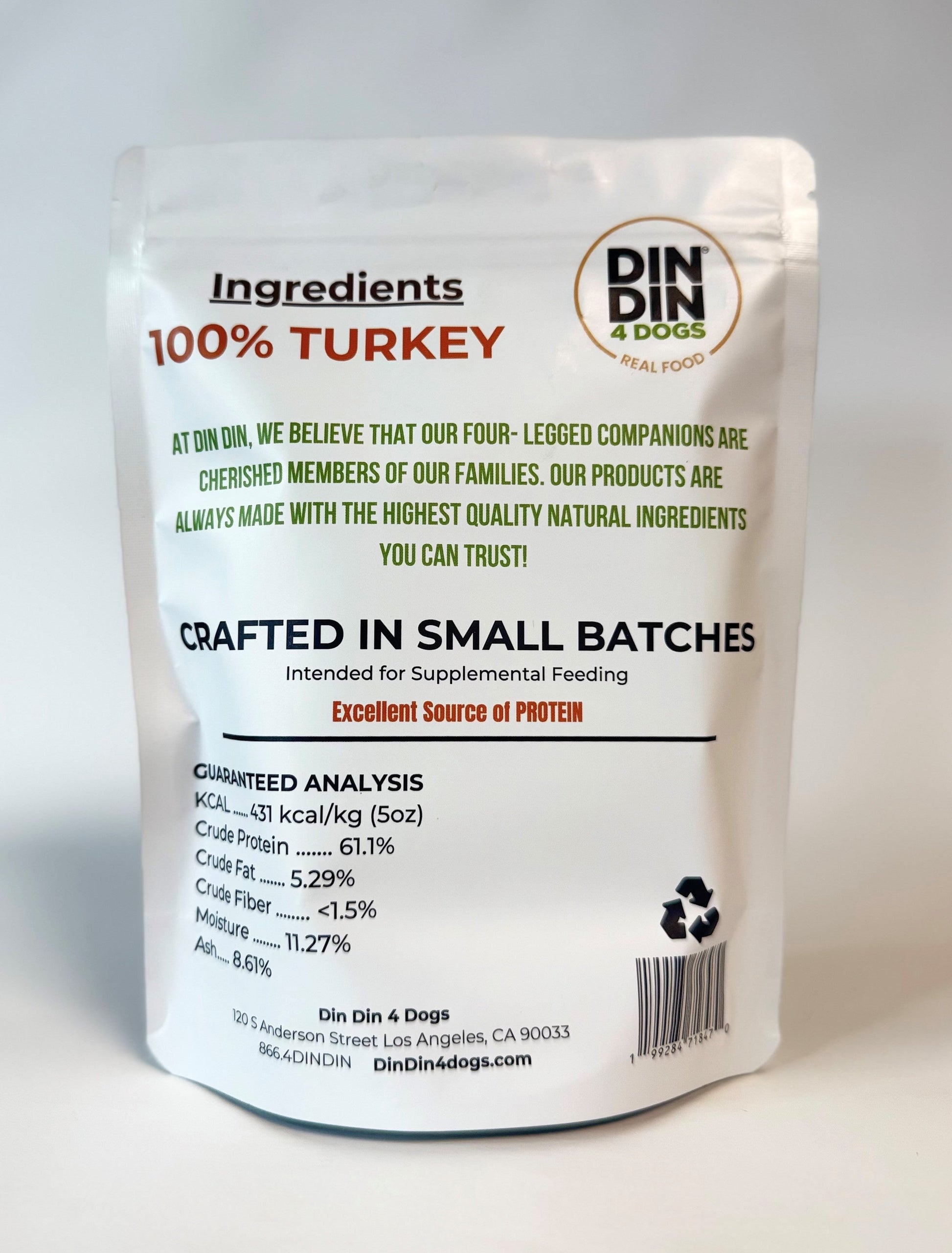 100% Turkey Dog Treats, 5 Ounce Bag, Single Ingredient, High Protein Treat Din Din 4 Dogs