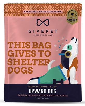 -	A package of GivePet dog treats with a cartoon dog doing yoga and text promoting shelter dog support