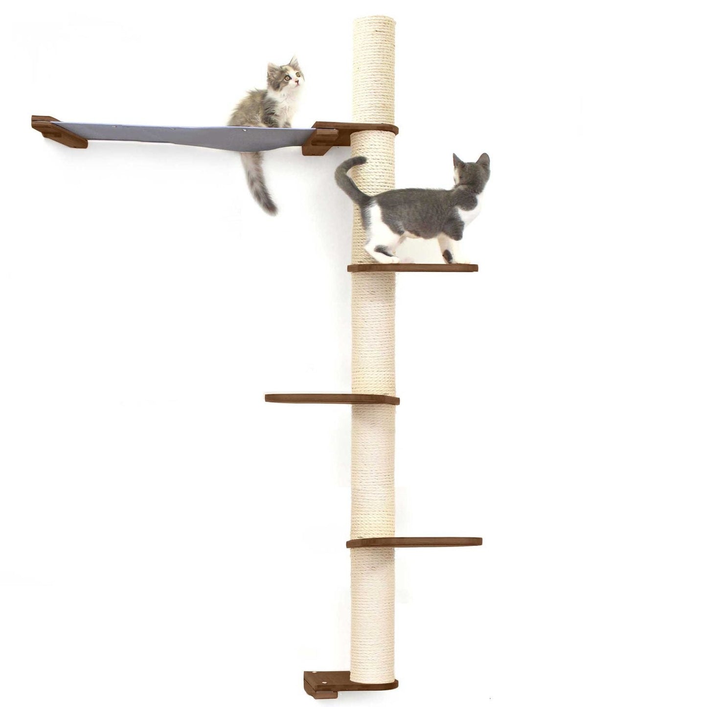 The Crow's Nest - A Wall Cat Scratcher with Hammock English Chestnut Bamboo Charcoal Gray Canvas 4-Tier 32" Cat Condo Catastrophic Creations