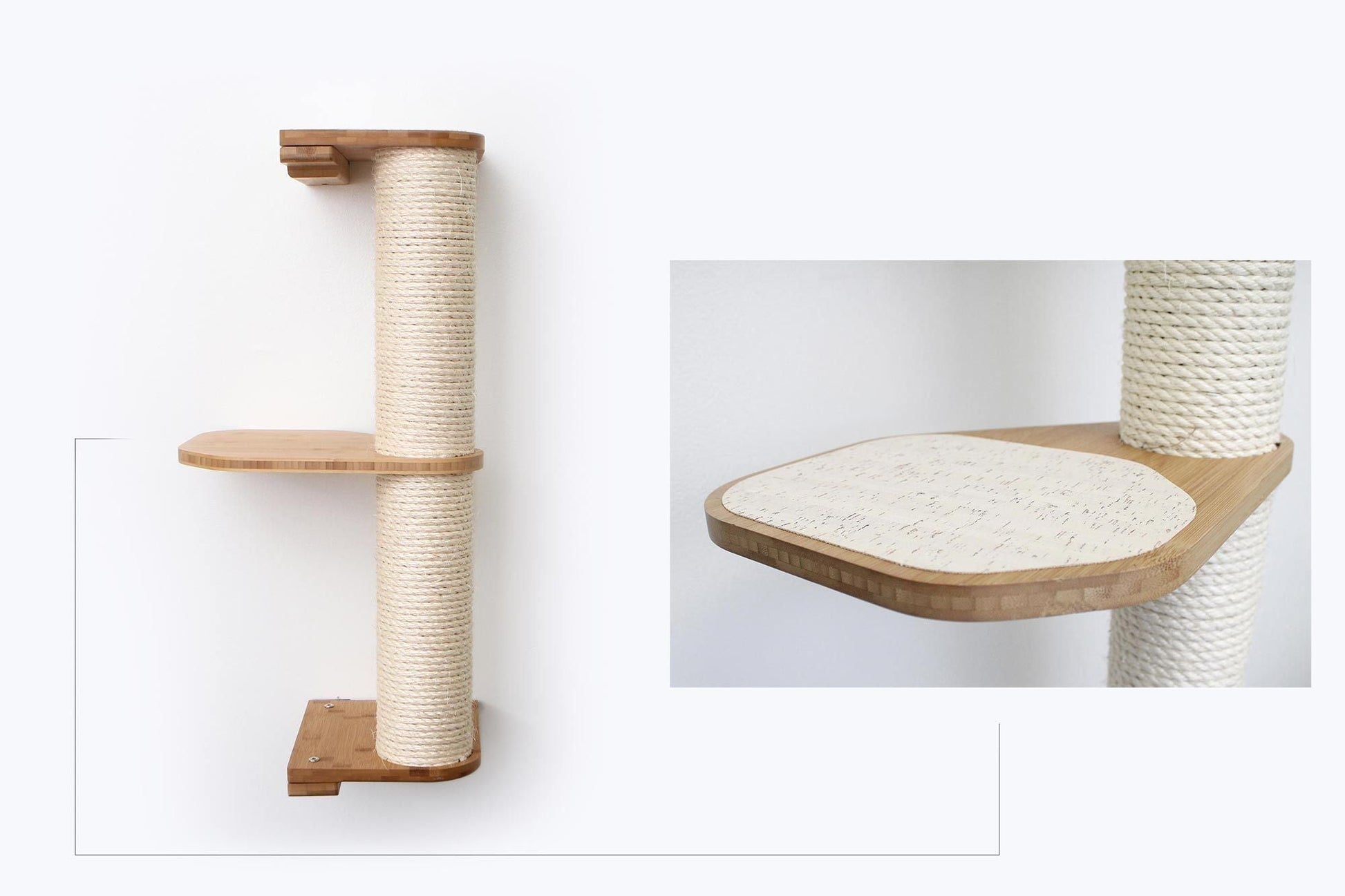Wall Mounted Cat Climbing Pole - Sisal Natural Bamboo 2-Tier Leaf Shelf Natural Cork Pad Cat Scratcher Catastrophic Creations