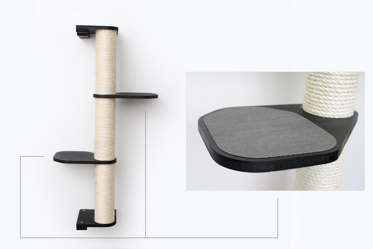 Wall Mounted Cat Climbing Pole - Sisal Onyx Bamboo 3-Tier Leaf Shelf Charcoal Cork Pad Cat Scratcher Catastrophic Creations
