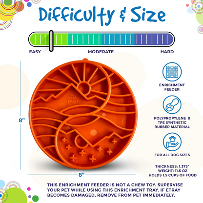 orange slow feeder bowl with a mountain, sun and tree pattern with difficulty and size scale 
