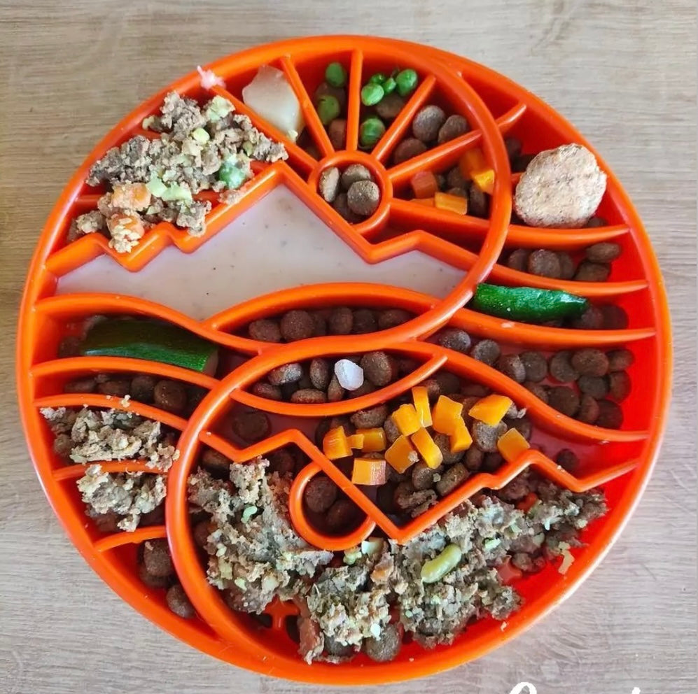 orange slow feeder bowl with a mountain, sun and tree pattern filled with various food items